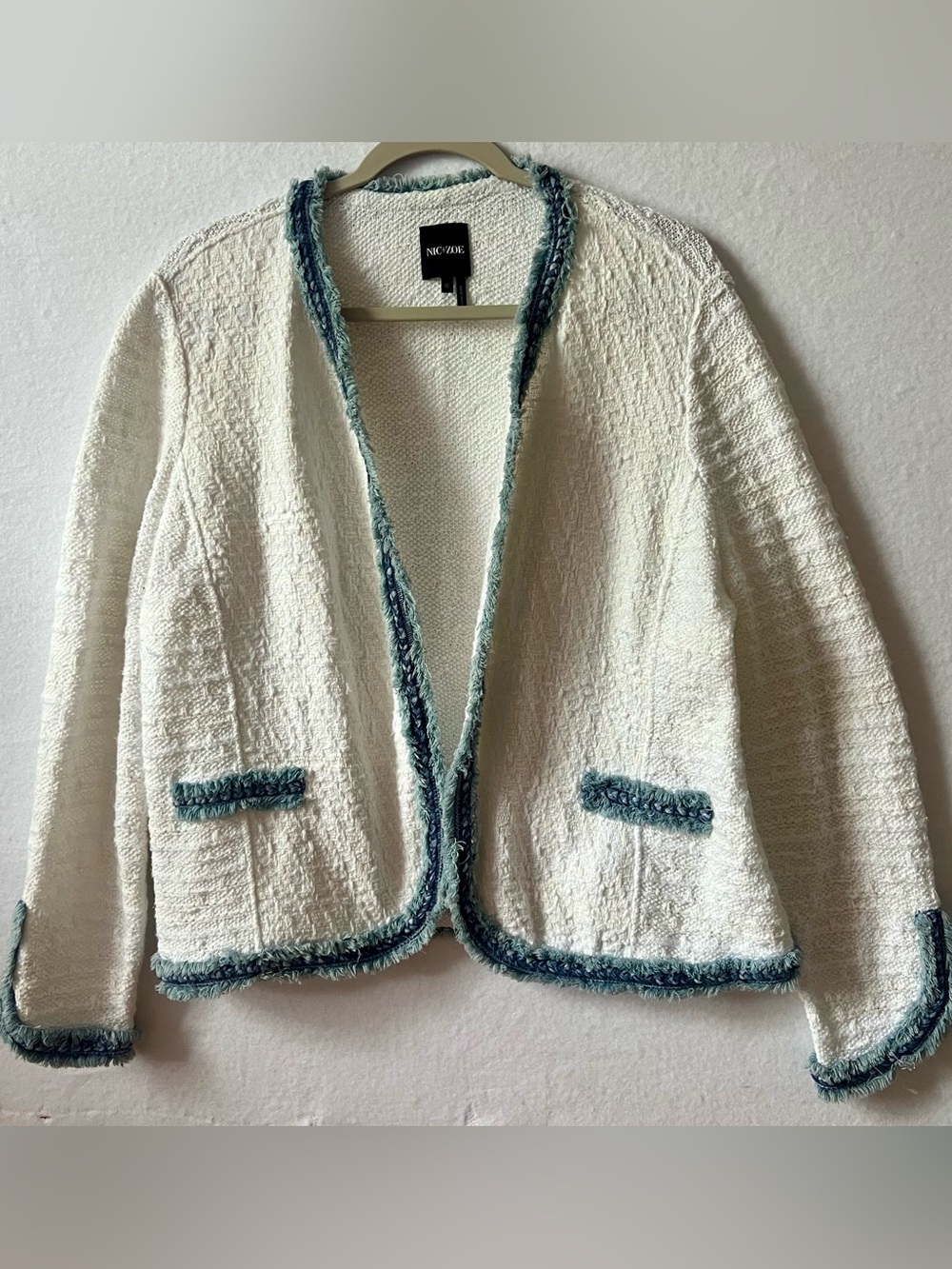 Nic+Zoe Bright Side Women’s XL Textured Knit Blazer Jacket Fringe Trim, EUC.